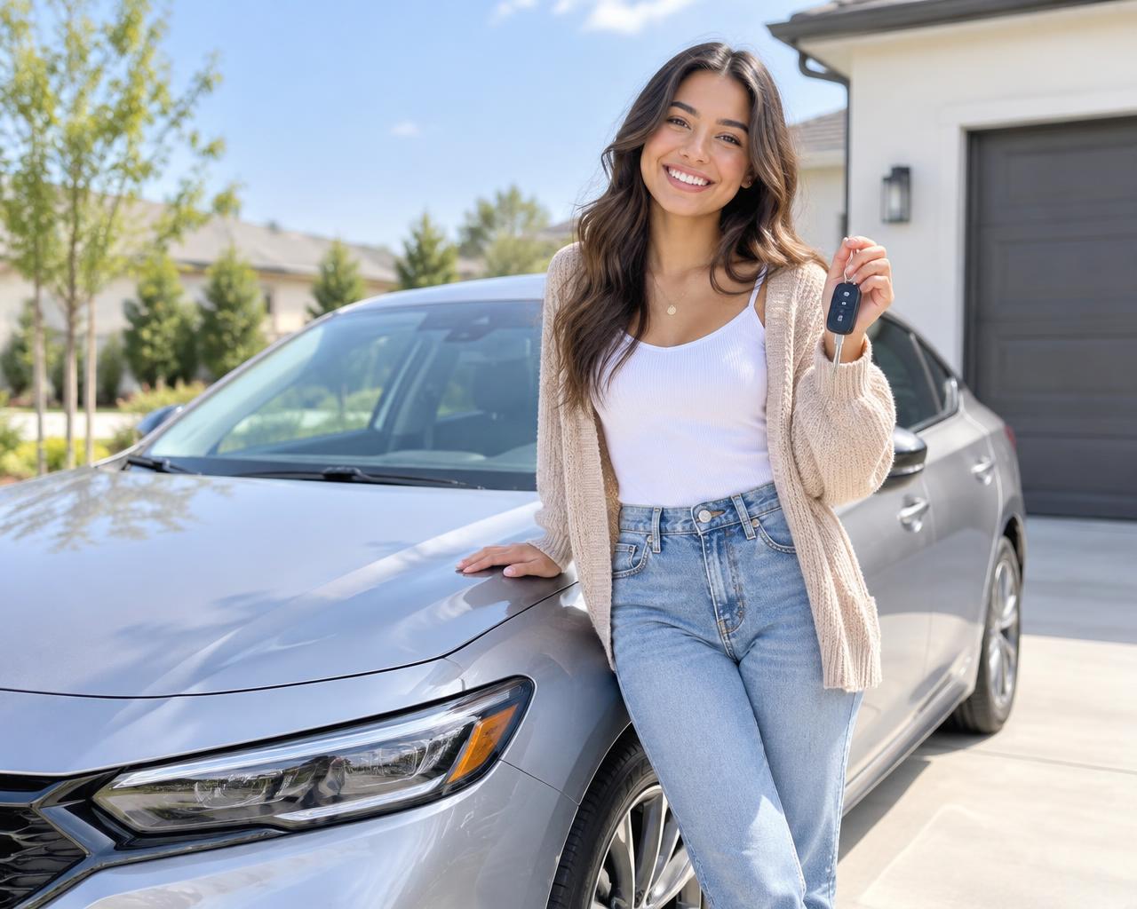 Driver holding her keys beside her insured car in the driveway